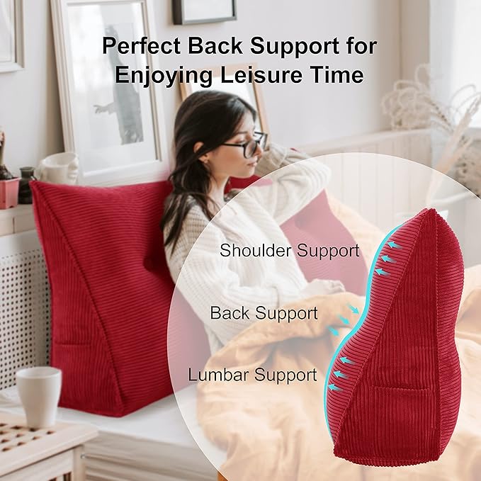 WOWMAX 100% Cotton Corduroy Headboard Pillow – California King Size Back Support Reading Wedge for Bed & Daybed, Plush Handmade Bolster Cushion with Removable Cover, Cozy Bed Rest Pillow, Red