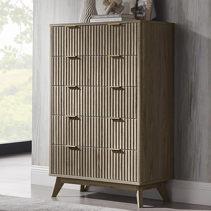 T4TREAM Fluted 5 Drawers Dresser, 48" Tall Modern Chest of Drawers, Curved Profile Design, Wood Drawer Organizer for Bedroom, Living Room, Hallway, Entryway, Grey Alder