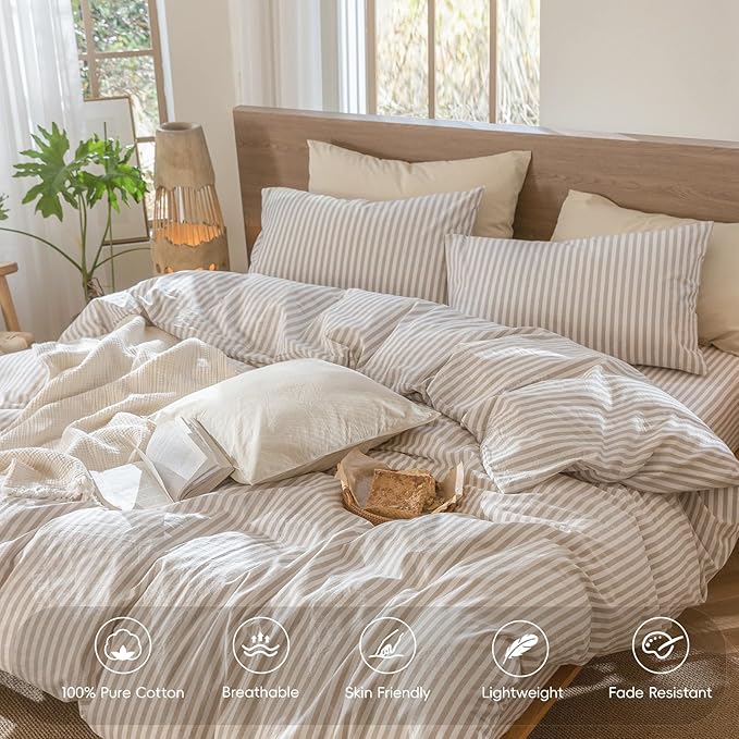 MooMee Striped Duvet Cover Set 100% Washed Cotton Linen Like Textured Breathable Durable Soft Comfy (Tannish Linen Grey White Classic Stripes, Super Queen 90"x98")