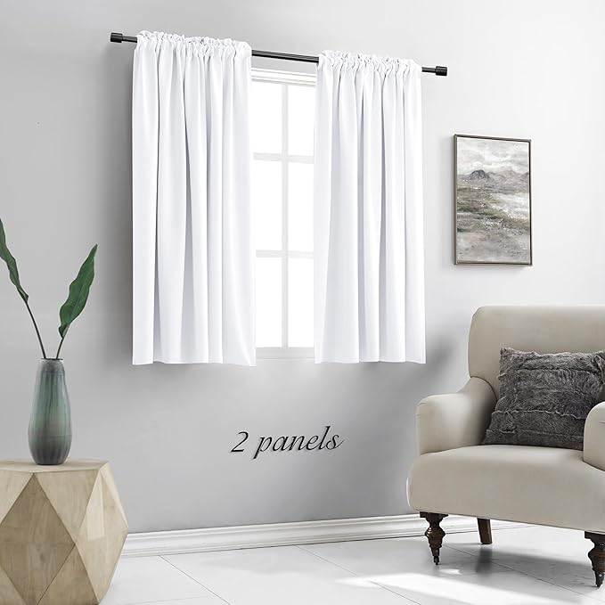 DONREN 48 Inches Long Pure White Half Blackout Curtains for Cafe Bathroom,Easy-Care Thermal Insulated Rod Pocket Room Darkening Draperies/Drapes,W 52 x L 48,2 Panels