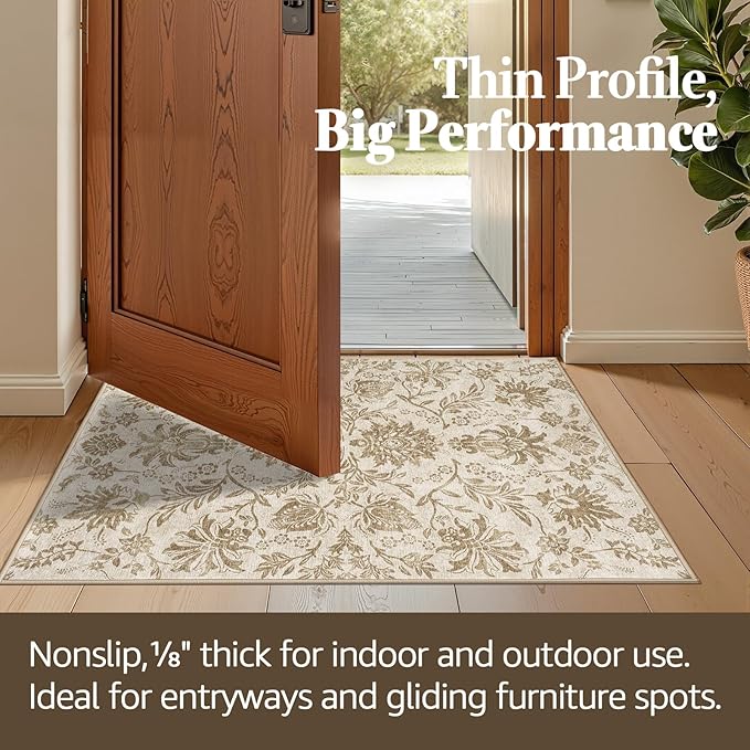 jinchan Torino Runner Rugs 3x8, Vintage-Inspired Floral Neutral Design Machine Washable Non-Slip Ultra-Thin Low-Pile Rubber Backing Traditional Rug for Kitchen Hallway Laundry Room Entryway Taupe