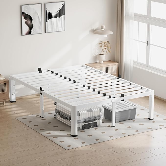 12 Inch White Queen Bed Frame, 3500Lbs Heavy Duty Metal Platform with Round Corner Legs Mattress Slide Stopper, Steel Slat Support No Box Spring Needed, Noise Free, Non-Slip, Easy Assembly