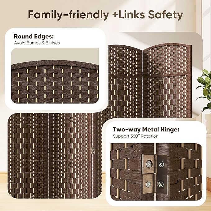 JOSTYLE 6ft. Tall Extra Wide Folding Privacy Screens with Diamond Double-Weave and Freestanding Room Dividers (Brown, 8-Panel)