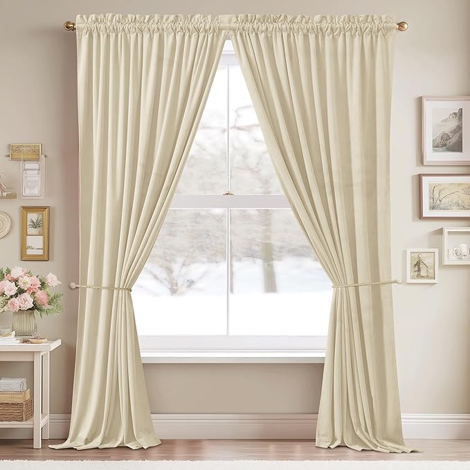 StangH Beige Velvet Curtains for Living Room - 108 inches Long Decorative Window Curtains Heavy Duty Room Darkneing Drapes for Nursery Bedroom/Loft, W52 x L108, 2 Panels