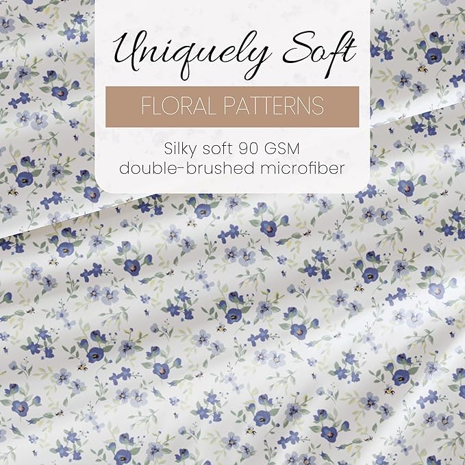 Linen Market 4 Piece King Sheet Set - Breathable, Double-Brushed Patterned Cooling Sheets – Oeko-TEX Certified Ultra Soft & Wrinkle-Free 16" Deep-Pocket King Sheets - Easy Care Blossoms Light Blue
