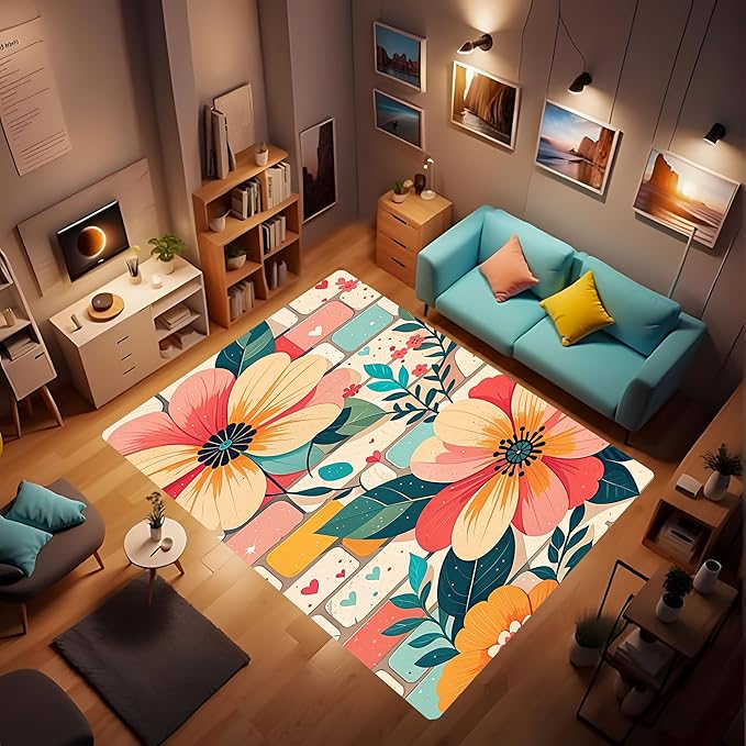Machine Washable 5' x 7' Bohemian-Style Area Rug, Pink Floor mat, Suitable for bedrooms, Girls' Room Bedside, Living Room, Dining Room, Office, Non-Slip Low-Pile Printed Modern Floral Carpet
