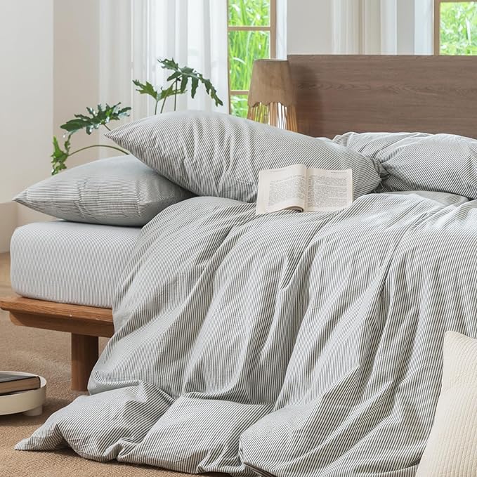 MooMee Striped Duvet Cover Set 100% Washed Cotton Linen Like Textured Breathable Durable Soft Comfy (Heathered Green Pinstripes, Super King Plus 120"x120")