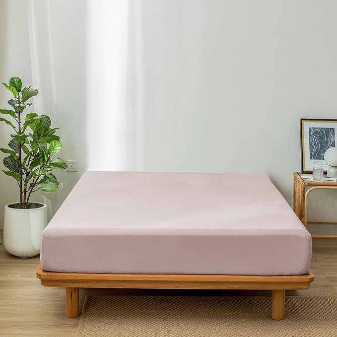 MooMee Fitted Bottom Sheet Only 100% Washed Cotton Linen Like Textured Breathable Durable Soft Comfy Deep Pocket Fits Mattress up to 17" (Greyish Pink, Twin)
