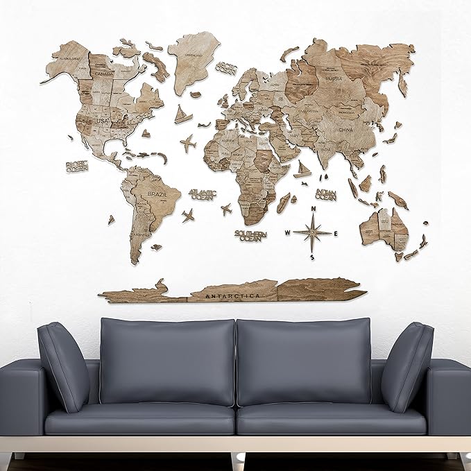 Handmade 3D Wood World Map Wall Art Large Wall Decor Track Your World Travels - Special for Home, Kitchen and Office (Large, Terra)