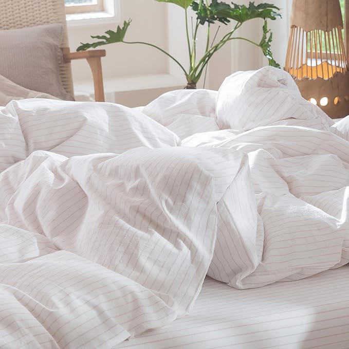 MooMee Striped Duvet Cover Set 100% Washed Cotton Linen Like Textured Breathable Durable Soft Comfy (White Heathered Greyish Pink Wide Stripes, Palatial King/Oversized King 120"x98")