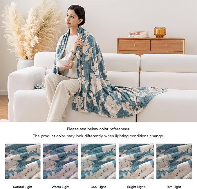 Luxury Printed Fleece Warm Blanket, Soft Lightweight Velvety Plush Throw for Couch and Bed, Cozy Comfy for All Seasons(Blue Floral Silhouette, 90×90 Inches)