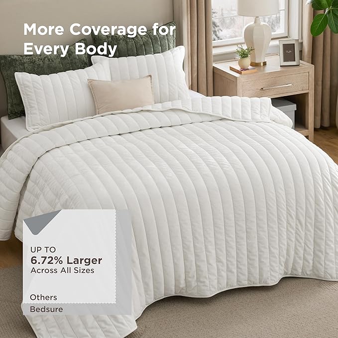 Bedsure Velvet Quilt Queen Size Set - Lightweight Velvet Comforter Queen, Luxury Bedspread Coverlet, Ultra-Soft Winter Bedding Set with 2 Pillow Shams, 90"x96", Cream White