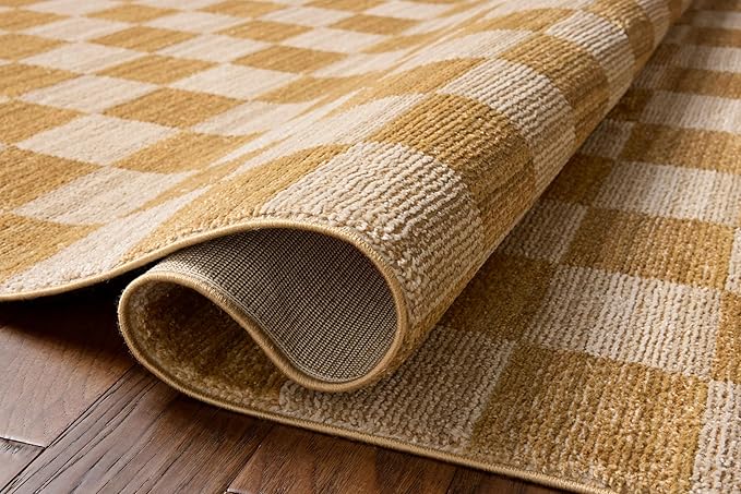 Loloi Chris Loves Julia Calvin Collection CLV-01 Apricot/Ivory 7'-10" x 7'-10" Round Area Rug Checkered Neutral Soft Living Room Bedroom Carpet