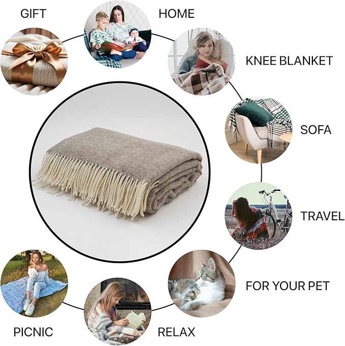 | Wool Blanket/Throw | 100% New Zealand Wool | Perfect for Home and Outdoors | Virgin Wool Throw with Fringes 67"x79" (170 x 200 cm)