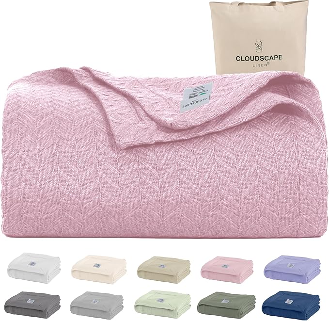 Cloud Scape Linen 100% Cotton Blanket 92x92 Seashell Pink - Cozy Herringbone Weave, Fits Up to for Full Size Beds, Breathable Softness, All-Season Warmth, Winter Blanket, for Women