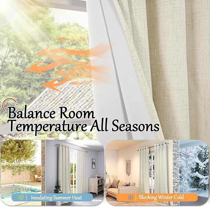 100% Blackout Curtains for Living Room 90 Inches Long 2 Panels, Faux Linen Textured Linen Floor Length Thermal Insulated Bronze Grommet Boho Window Energy Save Drapes, Each 52" Wide, Natural