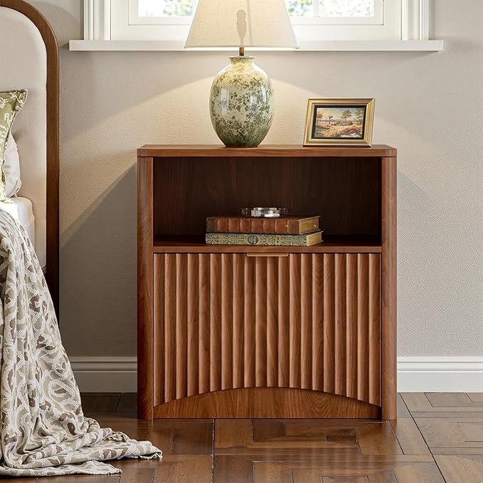 Evermagin Fluted Nightstand, Walnut Bedside Table with Drawer and Storage, Wood End Table Mid Century Modern, Large Night Stand for Bedroom