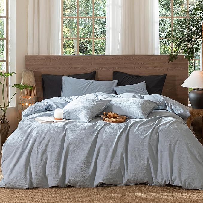 MooMee Wavy Striped Duvet Cover Set 100% Washed Cotton Linen Like Textured Breathable Durable Soft Comfy (Cornflower Blue, Oversized Queen 98"x98")
