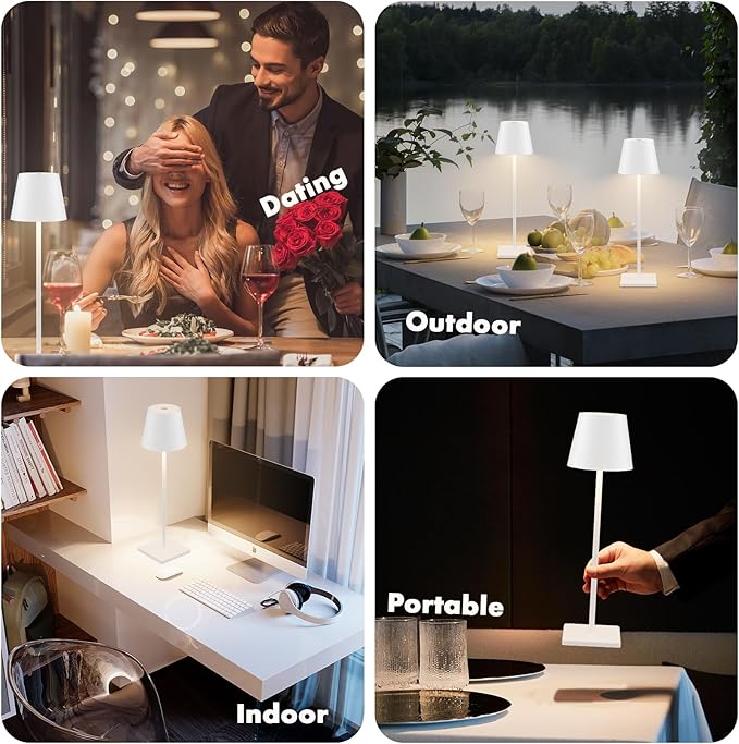 4-Pack Rechargeable Table Lamps, LED Cordless Table Lamp, 3W 6000mAh Battery Operated Table Light, Stepless Dimming Portable Table Light Waterproof for Restaurant/Indoor/Outdoor (White)