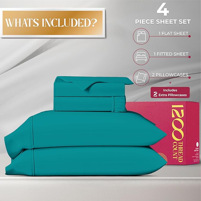 Mayfair Linen 100% Egyptian Cotton Full Size Bed Sheets - Luxury 1200 Thread Count Egyptian Cotton Sheets Full Size Bed Set (4 PC, Teal), Silky Soft, Cooling, 17" Deep Pocket Sateen Weave Bedding