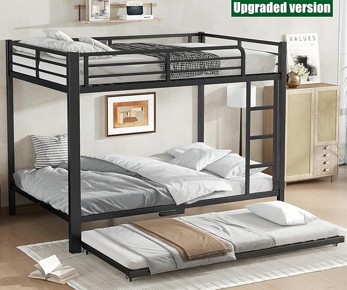 Higher Quality & Stronger Heavy Duty Metal Full Over Full Size Bunk Bed Frame with Twin Size Trundle for Adults Teens, Thickened More Stable Steel Bunkbed (Full Over Full with Trundle)