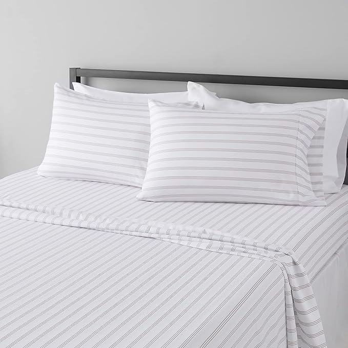 Amazon Basics Lightweight Super Soft Easy Care Microfiber 4 Piece Bed Sheet Set with 14-Inch Deep Pockets, Queen, Taupe Stripe, Striped