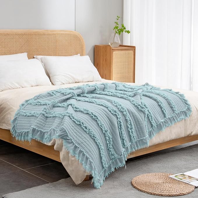 Ultra Soft Pre-Washed Quilted Boho Blue Green King Size Blankets for Bed, Ruffle Fringed Decorative Throw, Stone Washed Chic Rustic Blanket for Sofa Couch Bed, 104"*90"