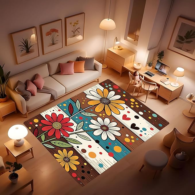Machine Washable 3' x 5' Bohemian-Style Area Rug, Flowers Floor mat, Suitable for bedrooms, Girls' Room Bedside, Living Room, Dining Room, Office, Non-Slip Low-Pile Retro, Fashionable Carpet