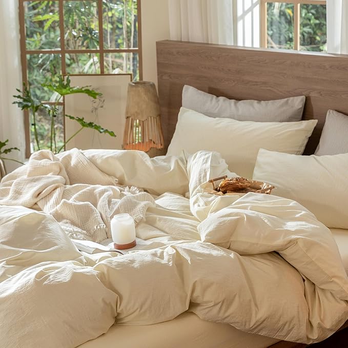 MooMee Wavy Striped Duvet Cover Set 100% Washed Cotton Linen Like Textured Breathable Durable Soft Comfy (Cream White, Palatial King/Oversized King 120"x98")