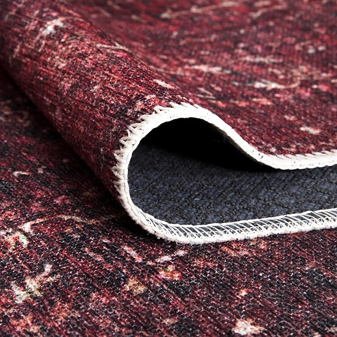 Bloom Rugs Washable Non-Slip 7 ft Runner - Dark Red Traditional Bordered Runner for Entryway, Hallway, Bathroom, and Kitchen - Exact Size: 2.5' x 7'