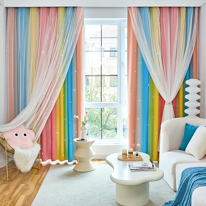 Star Curtains Blackout Curtains for Bedroom Cute Curtains Kids Curtains Rainbow Curtains, Curtains 96 Inches Long 2 Panels, Red & Yellow & Blue Curtains, 52 X 96 Inches