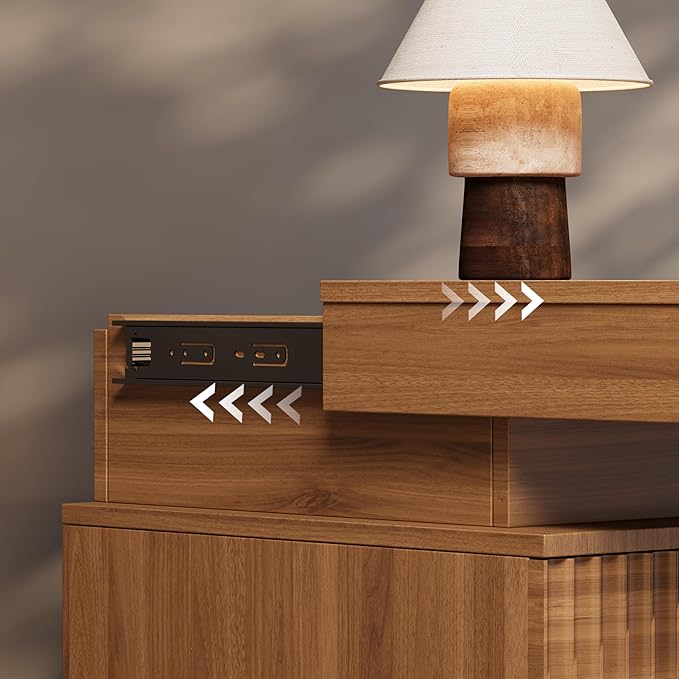 Walnut Nightstand with 3 Drawers and LED Light, Mid Century Modern Fluted Night Stand with Charging Station, Bedside Table & End Table for Bedroom