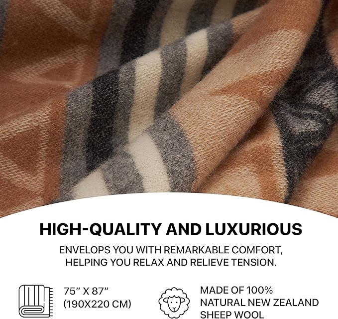 | Wool Blanket/Throw | 100% New Zealand Wool | Perfect for Home and Outdoors | Virgin Wool Throw with Fringes 75"x87" (190 x 220 cm)