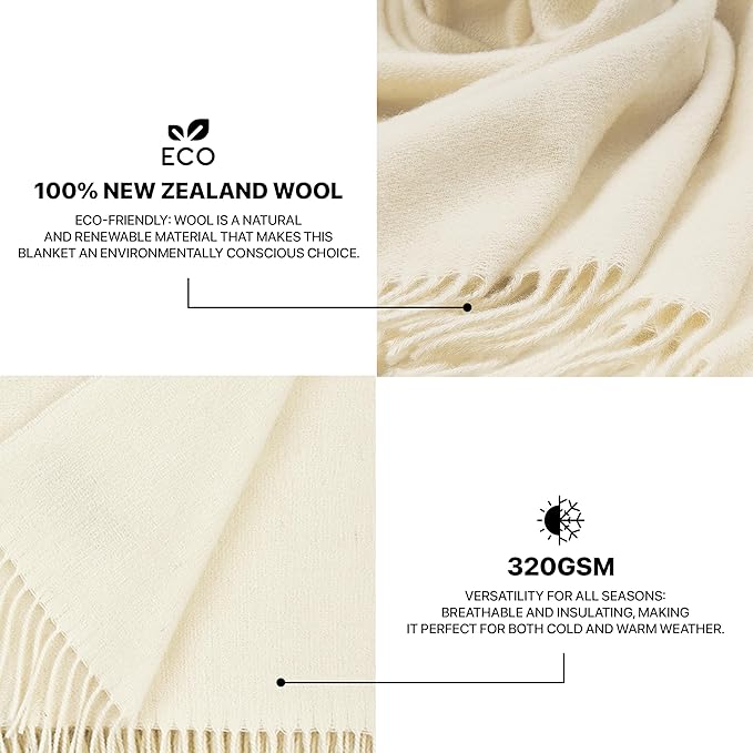| Wool Blanket/Throw | 100% New Zealand Wool | Perfect for Home and Outdoors | Virgin Wool Throw with Fringes 75"x87" (190 x 220 cm)