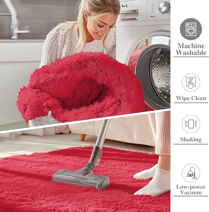 OLANLY 2x3 Machine Washable Small Bedside Rug, Soft Fluffy Shaggy Entryway Throw Rugs for Bedroom, Living Room, Indoor Floor Carpet for Kids Girls and Boys, Nursery Rooms, Home Decor Aesthetic, Red