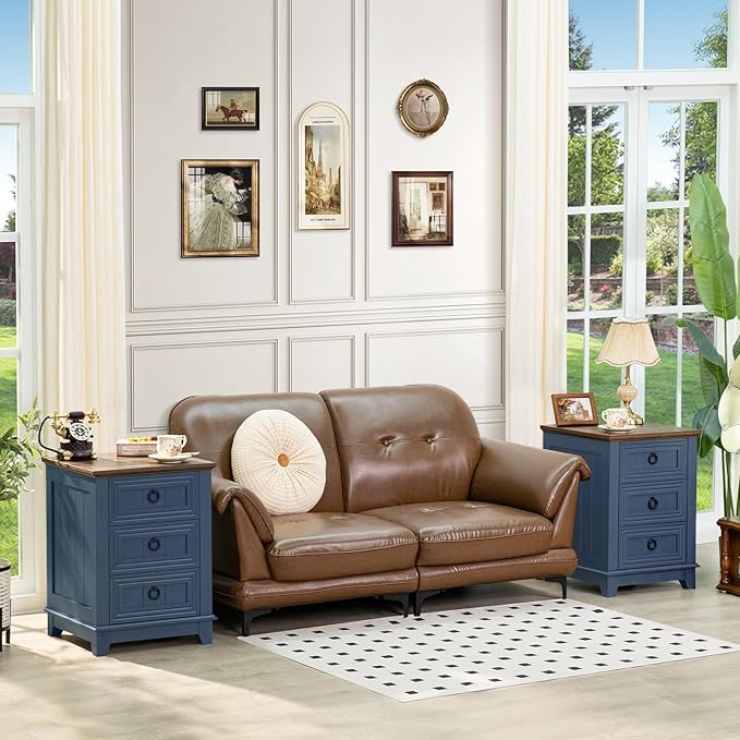 Bedroom Dresser and Nightstand Sets 4 Piece, Farmhouse 6 Drawers Dresser & 40.5" Tall Chest of Drawers, 18" Nightstands Set of 2, 54" Wide Furniture Dressers for Bedroom, Living Room, Blue