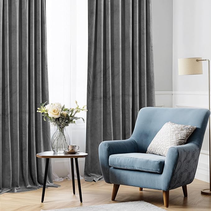 StangH Gray Velvet Curtains 96 inches - Bedroom Luxury Velvet Curtain Panels Blackout Draperies Heat Insulated Sliding Door Panel Drapes, 52 by 96 inches Long, 2 Panels