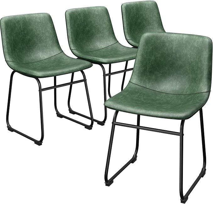 Dining Chairs Set of 4, 18 Inch Modern Armless Dining Chair with Back, Faux Leather Kitchen Dining Room Chair with Metal Legs for Home, Bistro Coffee Shops (Green)