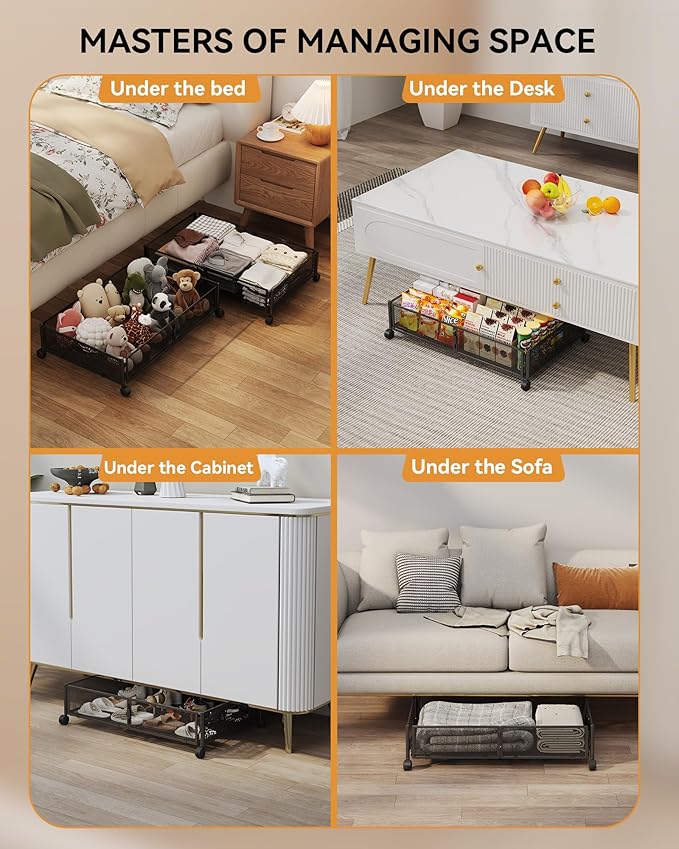Under Bed Storage with Wheels, Foldable Pattern Carved Metal Under The Bed Storage, Tool-Free Assembly Under The bed Storage Bins, 60L Underbed Storage for Bedroom Clothes Shoes Toys-2 Pack