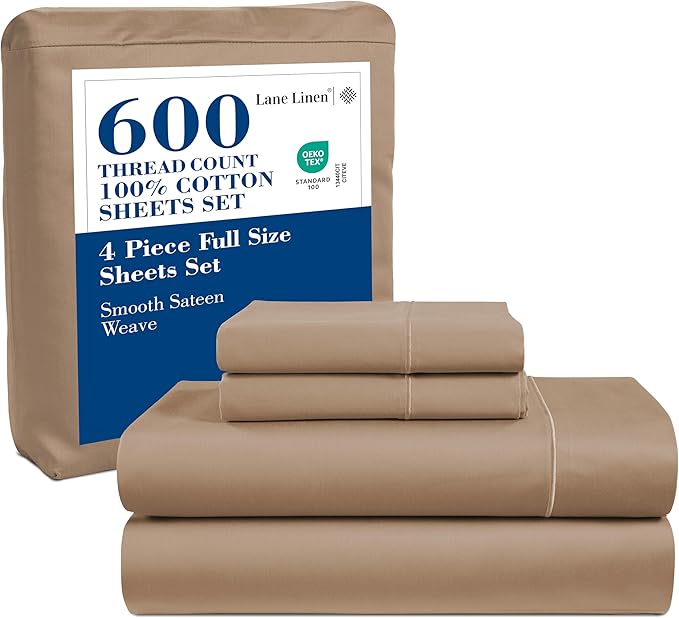 LANE LINEN 600 Thread Count 100% Mercerized Cotton Full Size Sheets Set, Sateen Weave for Soft & Comfy Sleep, 15 inch Deep Pocket Machine wash Bed Sheets, Luzury Hotel Style Full Size Set- Taupe