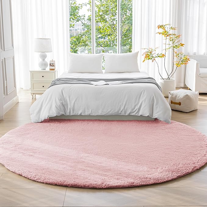 Amazon Basics Fluffy Washable Round Area Rug, Circle Shaggy Carpet for Living Room, Bedroom, Nursery, 8'R, Pink