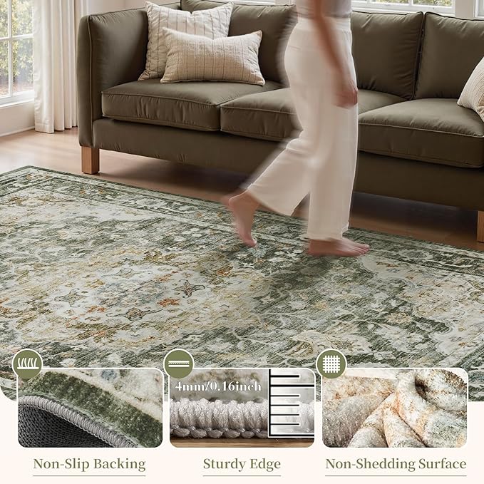PADOOR 9X12 Area Rug,Rugs for Living Room,Soft Olive Rugs for Bedroom,Machine Washable Rug Non Slip Carpet for Dining Room Living Room Bedside Office