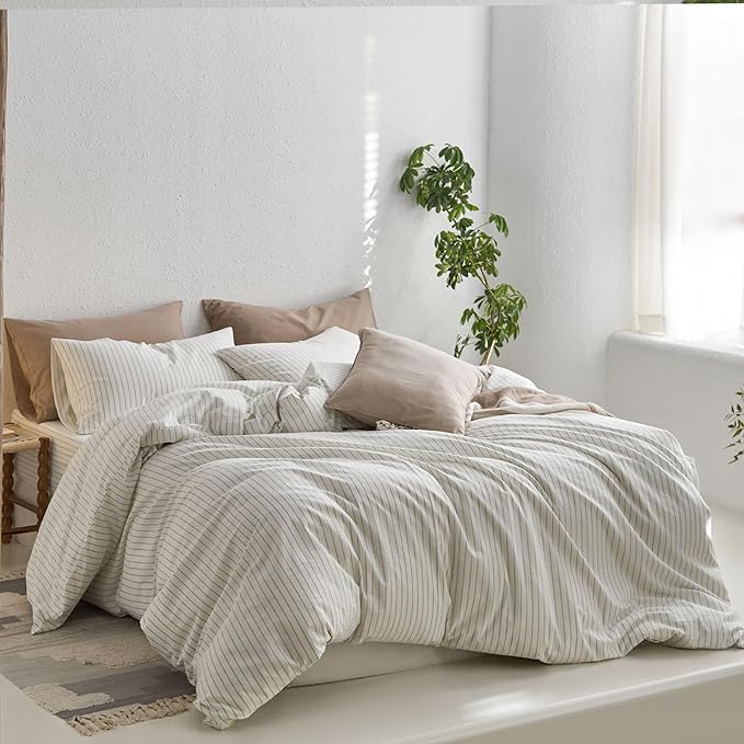 MooMee Striped Duvet Cover Set 100% Washed Cotton Linen Like Textured Breathable Durable Soft Comfy (White Sage Green Wide Stripes, Super Queen 90"x98")