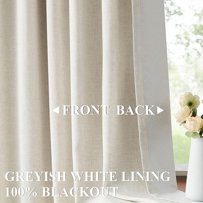 Vision Home Natural Linen Full Blackout Curtains 108 inch for Bedroom Living Room Darkening Soundproof Window Panels 9FT Thermal Insulated Rod Pocket Back Tab Farmhouse Drapes 56" Wx108 Lx2