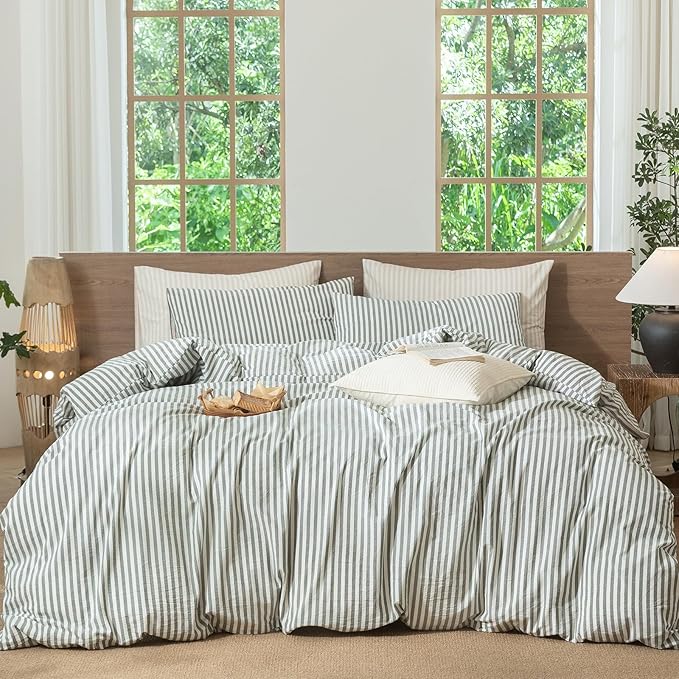 MooMee Striped Duvet Cover Set 100% Washed Cotton Linen Like Textured Breathable Durable Soft Comfy (Heathered Green Classic Stripes, Super King 108"x98")