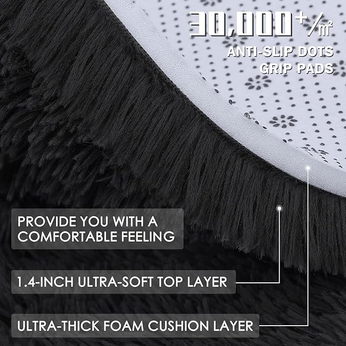 OLANLY Black Round Rugs for Bedroom - Machine Washable, 3 ft Circle Area Rugs for Living Room, Soft and Fluffy Shaggy Carpet for Teen Girls and Boys, Nursery Rooms, Dorms, Home Decor Aesthetic