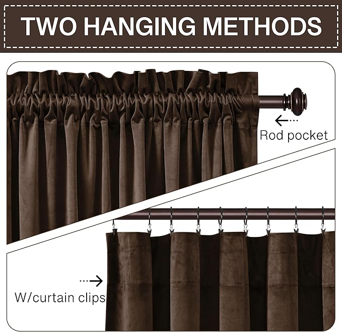 StangH Brown Velvet Curtains 102 inches Long Luxurious Thermal Insulated Drapes for Living Room, Soft Energy Efficient Curtains, Elegant Home Decor, W52 x L102, 2 Panels