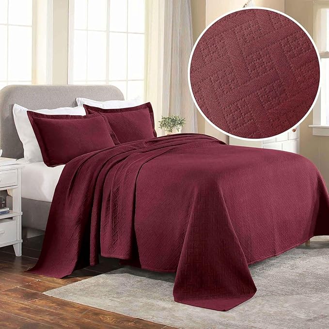 Superior 100% Cotton Basket Weave Bedspread with Shams, All-Season Premium Cotton Matelasse Jacquard Bedding, Quilted-Look Geometric Basket, King, Garnet