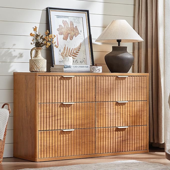 LEYAOYAO 48" Wide Fluted Dresser and 1 Drawers 23" Nightstand Set of 2, Wooden Dresser & Night Stand with Charging Station, 3 Piece Bedroom Furniture Set, Chest of Drawer for Living Room,Brown