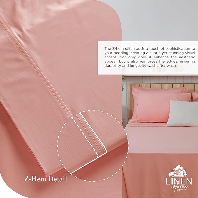 Linen Home 100% Cotton Percale Sheets California King Size, English Rose, Deep Pocket, 4 Pieces Set - 1 Flat, 1 Deep Pocket Fitted Sheet and 2 Pillowcases, Crisp Cool and Strong Bed Linen